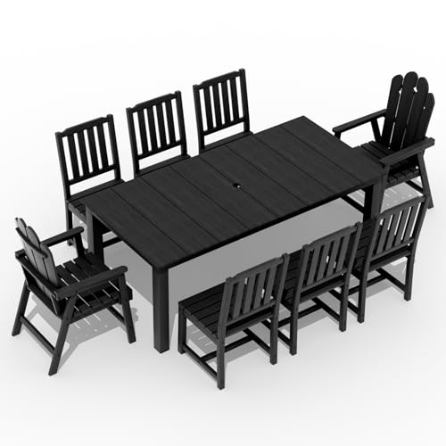 9-Piece Patio Dining Set, Outdoor Dining Set for 8, HDPE All-Weather Outdoor Furniture with 75.20” Umbrella Hole Table, 2 Armchairs & 6 Armless Chairs, Black - color: Black, size: 2 Armchairs & 6 Armless Chairs