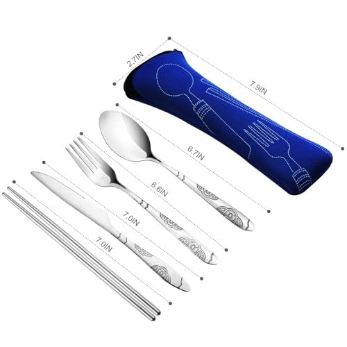 20PCS Premium Travel Utensils With Case, Stainless Steel Reusable Portable Utensils Set With Case, Lengnoyp Travel Silverware Set With Case for Lunch Box Camping, Silver - color: Thin Red blue green black