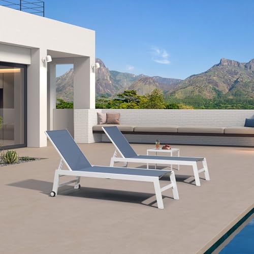 PURPLE LEAF Patio Lounge Chair 2 Pieces White Aluminum Outdoor Chaise Lounge for Pool Backyard Beach with Wheels and Table, Indigo - color: Indigo, style: Standard Inclining-leg