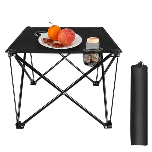 KOCASO Folding Camping Table, 18.5" ×18.5" ×15" Portable Rolling Up Picnic Table, Lightweight & Small Folding Beach Tables with 2 Cup Holders for Outdoor Travel Garden Hiking Beach, 44LBS Max