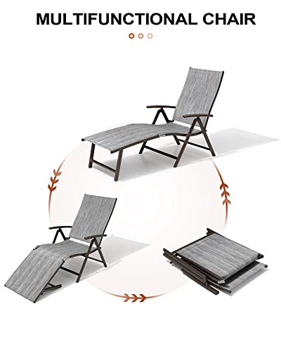 Crestlive Products 2PCS Chaise Lounge Chair Outdoor with 1PC Side Table, Aluminum Folding Patio Recliner Chair, Adjustable 8 Positions Assemble-Free - color: Dark Gray, size: 2 Pcs