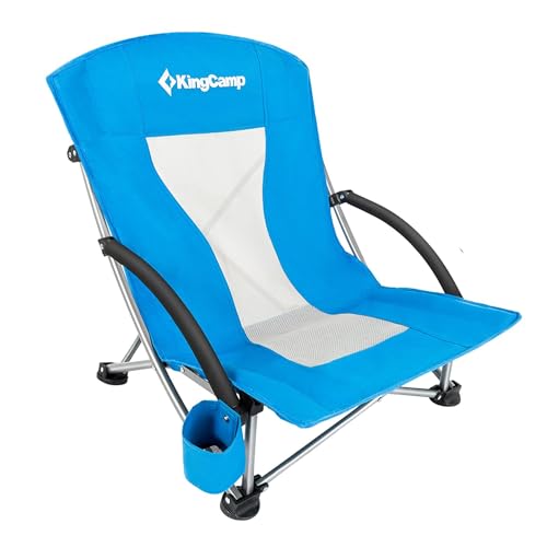 KingCamp Low Beach Chair, High Back Folding Camping Chair for Adults, Oversized Breathable Mesh Seat, 300lbs Heavy Duty Portable Chair with Cup Holder & Storage Pockets for Beach, Outdoor - color: Shoreline-blue-1 Pack