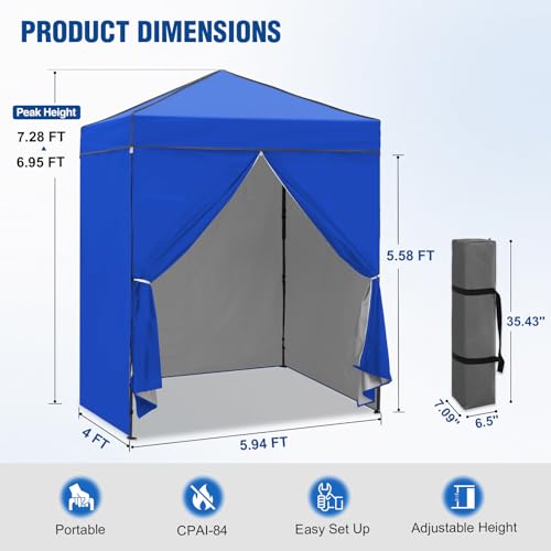 6x4 Pop Up Canopy Tent with Four Wall Panels, Instant Portable Beach Canopy, Outdoor Tent with Carry Bag for Camping, Sports, Tailgating, Events, Blue - color: Blue, size: With Four Walls