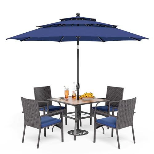 PHI VILLA 5 Piece Outdoor Dining Set with Umbrella for 4, 37" Square Metal Wood-top Dining Table & Wicker Rattan Chairs with Cushions & 10ft Blue Umbrella for Patio, Deck, Backyard, Porch - color: Navy Blue, size: 5PCS 37" Wood-top Table