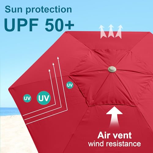 AMMSUN 8ft Large Beach Umbrellas for Sand Heavy Huty Wind Portable Commercial Grade Patio Beach Umbrella with Sand Anchor Adjustable Height Air Vent UPF 50+ Telescoping Pole without tilt Red - color: Red