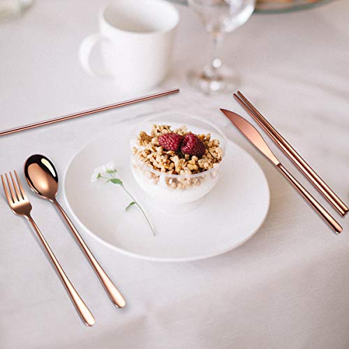 AARAINBOW 6 Pieces 18/8 Stainless Steel Flatware Set Portable Reusable Cutlery Set Travel Utensils Set Including Chopsticks Knife Fork Spoon Straws Cleaning Brush Dishwasher Safe (Rose Gold) - color: Rose Gold