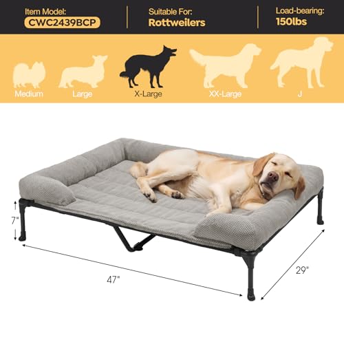 Veehoo Cooling Elevated Dog Bed Add Removable Corduroy Bolster Cushion Mat, 53" x 33" Washable Dog Couch Bed, Raised Pet Cot with Breathable Teslin Mesh, No-Slip Feet, Grey, CWC2439D