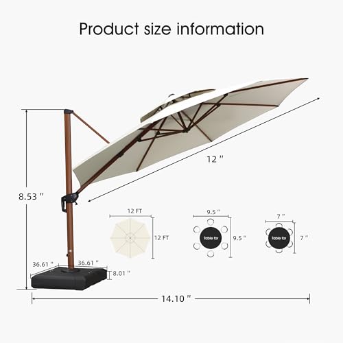 PURPLE LEAF Cantilever Umbrella with Base Outdoor Round Umbrellas Large Cantilever Umbrella Windproof Offset Heavy Duty Sun Umbrellas for Garden Deck Pool Patio, 12ft Cream - color: Cream, size: 12 Feet, style: Base Included