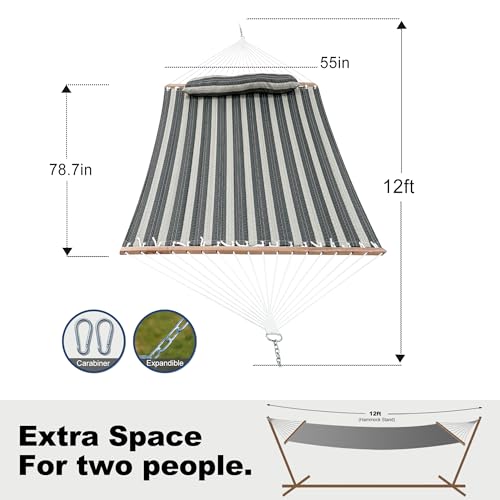 GAFETE Hammock 2 Person Quilted Fabric Hammocks for Outside, Double 12ft Hammocks with Spreader Bar, Large Removable Pillow, Storage Bag, Carabiners, Max 475 lbs Capacity (Mountain Mist Gray) - color: Mountain Mist Gray