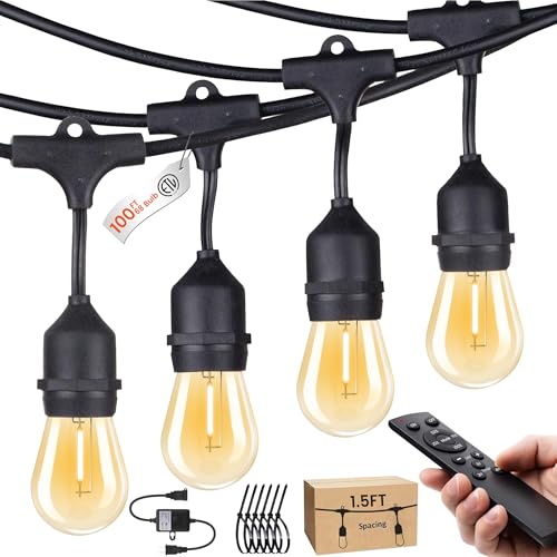 SUFEIMAS LED-Outdoor-String-Lights-Patio-Light-Outside 100FT Waterproof String Light with Remote Dimmer Outdoor Lighting with 68 Plastic Bulbs Hanging Lights for Porch Garden Backyard,1.5 FT Spacing - color: Black, size: 100ft Remote 1.5ft Apart