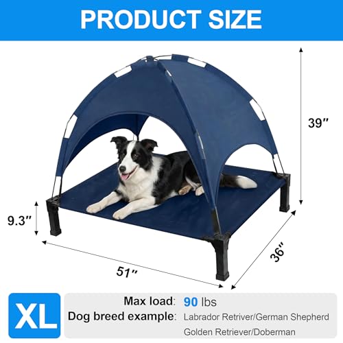 Elevated Dog Bed with Canopy Raised Pet Cot for Large Dogs, Outdoor Dog Cot with Removable Sun Shade Tent, Breathable Mesh Portable Dogs Cot for Camping, Beach, Backyard, Outdoor Use - color: Blue, size: 51.0"L x 36"W x 39"H