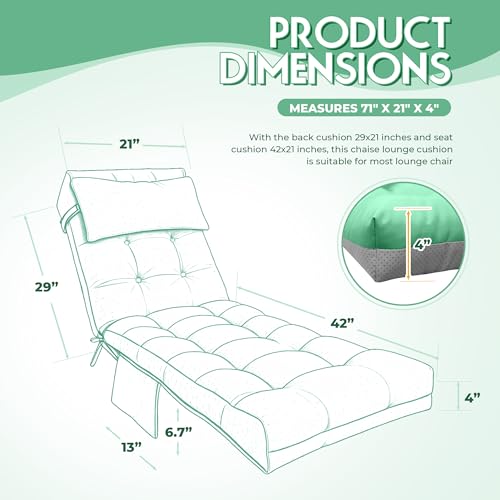 Outdoor Chaise Lounge Cushion, Waterproof Lounge Chair Cushion for Outdoor Furniture, 71 x 21 x 4 Inches Patio Cushion with Straps for Lawn Pool Furniture (Cyan, Lounge Chair Cushion) - color: Cyan