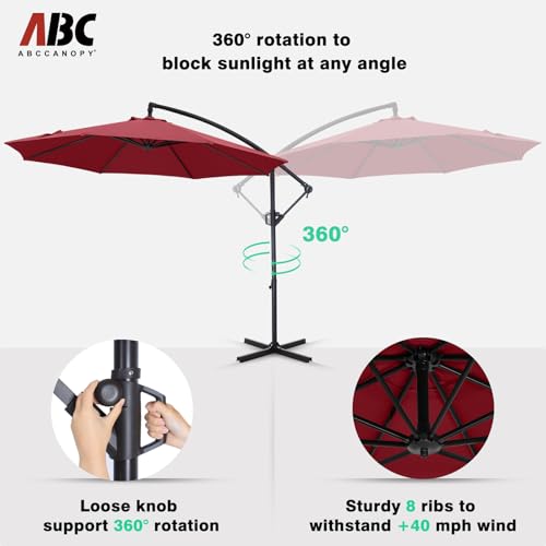 ABCCANOPY 10FT Cantilever Patio Umbrella with base included, 360° Rotation Outdoor Offset Umbrella for Backyard, Deck, Poolside (Burgundy)