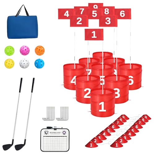 Golf Bucket Yard Game 9-Hole Set with 2 Clubs, Portable Outdoor Yard Game for Family and Adults, Golf Chipping Games Practice Games for Lawn, Beach, Camping, Park