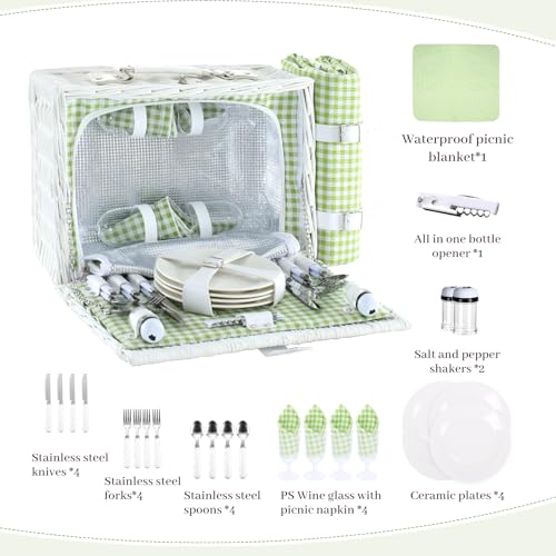 Neti Neti Wicker Picnic Basket for 4 with Insulated Cooler & Waterproof Blanket – Large Willow Picnic Hamper for Outdoor, Camping, Beach, Romantic Dates, Valentine’s Day - color: Green Plaid