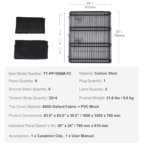 VEVOR Dog Playpen, 8 Pcs 30" H x 24" W Panels Foldable Metal Pet Exercise Pen, Dog Fence Indoor and Outdoor Pen with Door, Bottom Pad and Top Cover, Pet Playpen for Dogs, Cats, Other Small Animals - size: 8 Panels 30*24in, style: Playpen + Top Cover & Bot