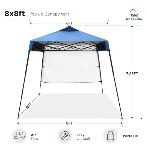 MFSTUDIO 8x8 Pop up Canopy Tent, Gazebo Shelter Sun Shade Canopies Patio Portable Popup Tents Easy Setup Waterproof with 6x6ft Top,1 Sidewall, for Beach,Parties,Picnics - color: Blue-1 wall, size: 8x8ft