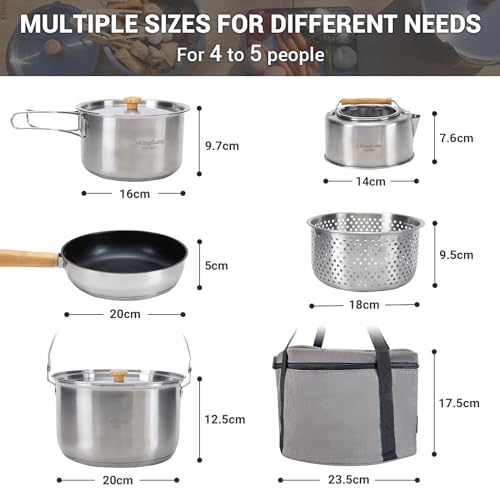 KingCamp Camping Cookware Set 304 Stainless Steel Campfire Cooking Pots Pan and Kettle with Travel Tote Bag for Camping Outdoor Kitchen Cooking Picnic for 4-6 - color: SILVER - 4-6 PERSON COOKWARE SET WITH KETTLE