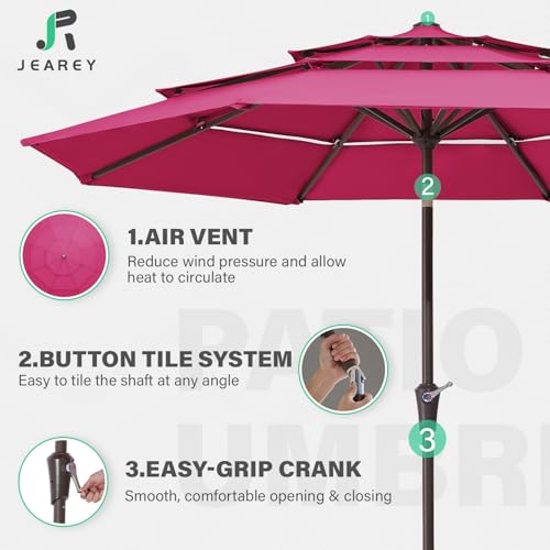 JEAREY 9FT 3 Tier Patio Umbrella Outdoor Market Umbrella Table Umbrellas with 8 Ribs 1.5 Pole Push Button Tilt and Crank UV Protection for Garden,Backyard,Pink - color: Pink