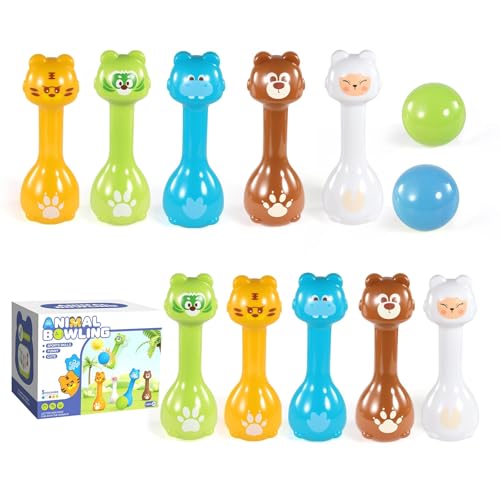 Mini Toddler Bowling Set Ages 1-5, Cute Animal Pins for First Birthday, Lightweight Indoor Montessori-Inspired Game with 10 Plastic Pins & 2 Balls, Boys Girls Toddler Gift