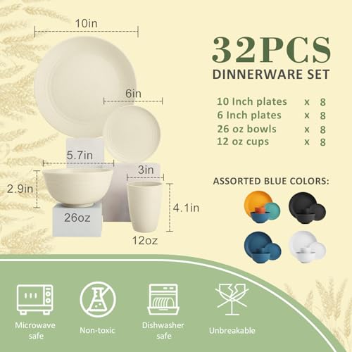 Wrova Wheat Straw Dinnerware Sets of 32,Dishwasher Safe Alternative Plastic Dishes Set Service for 8,Unbreakable Dinner Plates and Bowls Sets for Kitchen,Party,Camping,RV. Beige - color: Beige, size: 32 Pack