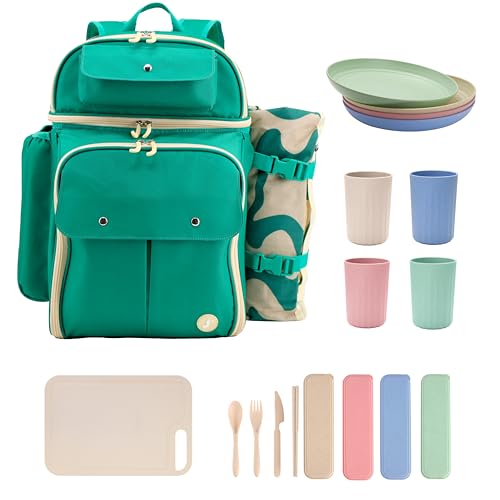 J World Picnic Backpack Cooler for 4. Insulated Picnic Basket Set with Folding Waterproof Blanket. Beach Camping Wedding Engagement Gift for Couples, Green - color: Green