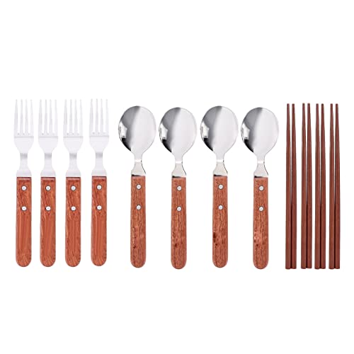 12 Pcs Stainless Steel Wooden Handle Tableware Set, Camping Cutlery for 4 Persons, Includes Forks Spoons Chopsticks with Carrying Bag for Picnic Barbecue Outdoor Use