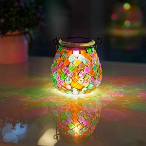 Stargarden Mosaic Solar Lanterns Outdoor Waterproof, Colorful Glass Hanging Lantern Decorative Solar Lights for Yard, Patio, Lawn, Gaden Decor - color: Colorful
