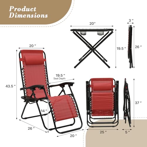 Athena Collection Zero Gravity Outdoor Lounge Chair Set of 2 with Side Table, 25" Width Pool Lounge Lawn Chairs Reclining with Cup Holder, Outdoor Chaise for Beach Patio Backyard Outside, Dark Red - color: Dark Red, style: 25" Width