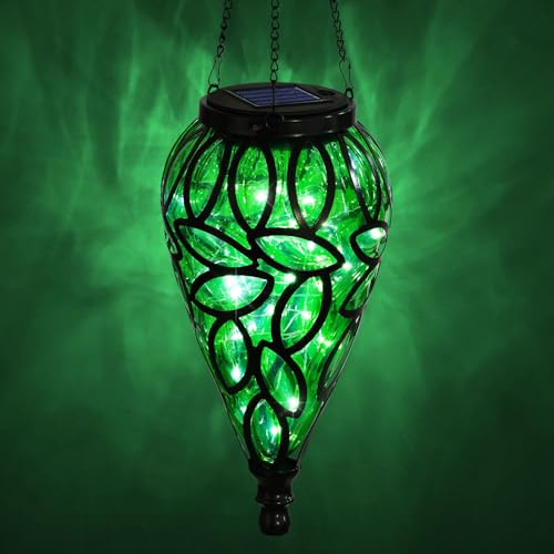 SUNNYPARK Outdoor Plastic Solar Hanging Lantern, 15 Cool White LEDs Twinkle Effect Tear-Shaped Hanging Lantern Decor Garden Decorative Solar Lights for Backyard, Patio and Lawn - style: Green