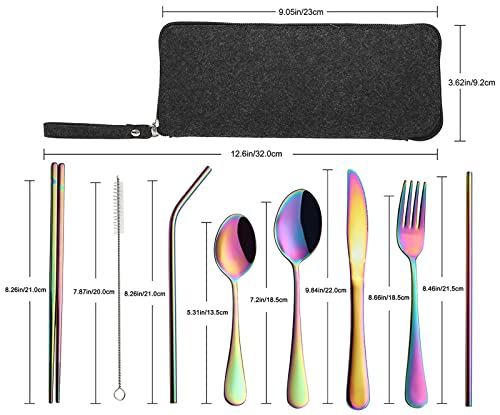 VANDBAO Camping Utensils Set, Portable Travel Utensils with Case for Fixing Tableware, Reusable Stainless Steel Stable Cutlery Set, Lunch Picnic Flatware Silverware (Rainbow Set) - color: Rainbow Set, size: 9 Pieces - Medium
