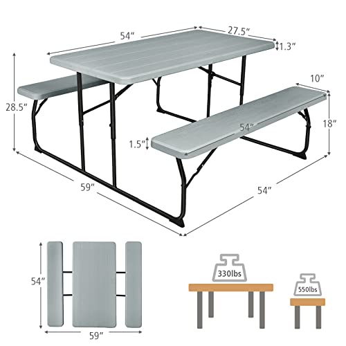S AFSTAR Folding Picnic Table Bench Set, Foldable Picnic Table with 2 Benches, Outdoor Table and Bench W/Steel Frame & Wood-Like Texture Tabletop, Camping Table Chair Set for Garden Patio Lawn (Gray) - color: Grey