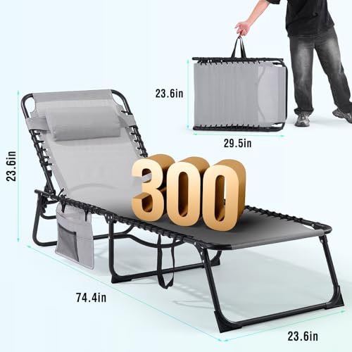 Unovivy Outdoor Chaise Lounge Chairs Set of 2, Portable Folding Pool Lounge Chair with 5-Position Reclining Back, Teslin Tanning Chair for Pool, Beach, Patio, Sunbathing - color: Grey