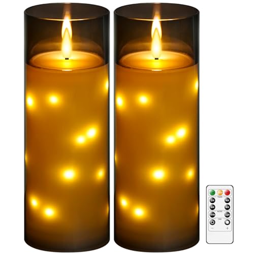 kakoya 11" x 4" Large Outdoor Waterproof Flameless LED Candles with Remote and Timer,Acrylic Pillar Candles Battery Operated with Embedded Star String for Porch,Patio,Outdoor Decor,Set of 2(Grey) - color: Gray, size: 2PCS-D4"xH11"