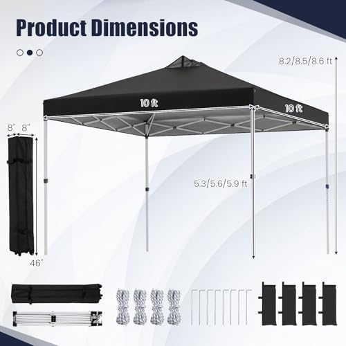 Tangkula 10 x10 Ft Pop Up Canopy with Center Lock, UPF 50+ One-Button Setup Outdoor Canopy Tent with Roller Bag, 4 Sand Bags, Heavy-Duty Steel Frame, 8 Stakes, 4 Ropes for Camping, Picnic (Black) - color: Black