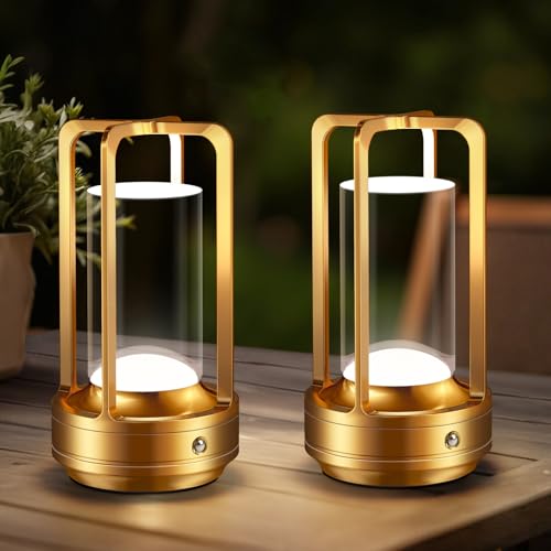 Portable Table Lamp for Outdoor Indoor: Cordless Rechargeable Desk Lamp with 3 Color Stepless Dimmable - Metal Battery Operated Lantern Light for Bedroom/Bar/Coffee Shop/Camping (Gold (2 Pack)) - color: Gold (2 Pack)