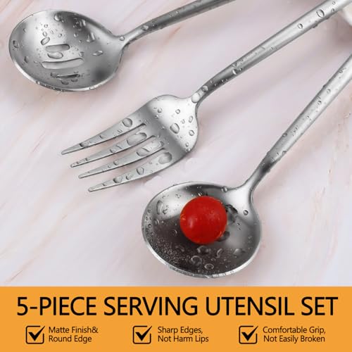Large Serving Utensils Set,5 Pcs Stainless Steel Silver Serving Utensils with 10.8 Inch Serving Fork,10.3 Inch Serving Spoon,Slotted Serving Spoons,Sugar Spoons,Butter Knife for Party Buffet Banquet - color: Matte Silver