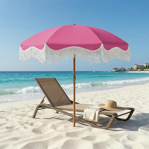 7ft Patio Umbrella with Fringe, Boho Beach Umbrellas, Outdoor Tassels Umbrellas with Push Button Tilt & Carrying Bag, 8 Windproof Fiberglass Ribs, UPF50+ - color: Rose Pink