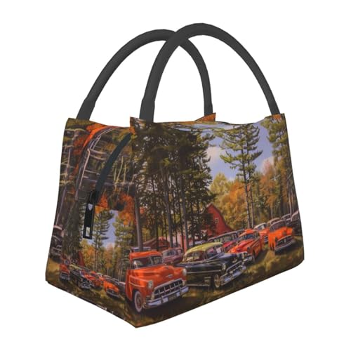 Classic Car Reusable Lunch Box,Countryside Scene with Tree and Vehicle Lunchbox for Men Boys,Insulated Lunchbag,11in*6.3in*6.7in,Gifts Makeup Bag,Portable Handbag for Picnic Work Travel Hiking - color: Car 01