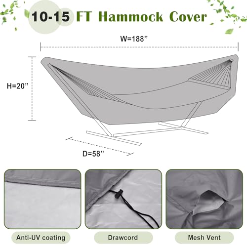 Tranqun Hammock Cover 188" W x 58" D x 20" H, Fits 14-16 ft Hammock Stand, Heavy Duty 420d Oxford Waterproof UV Resistant Outdoor Patio Cover with Adjustable Buckle Straps, Double Stitched Seam(Gray) - color: Grey