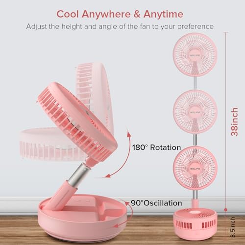 Belife X8 Portable Fan, 7200mAh Battery Powered Rechargeable, Oscillating USB Desk Floor Fan with Remote, Foldable Telescopic Fan for Home Bedroom Sleeping Office Camping Travel, 7.7" (Pink) - color: Pink, style: Oscillating