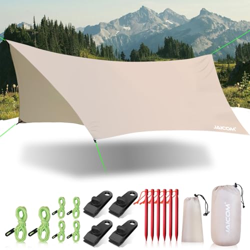JAICOM Waterproof Hammock Rain Fly, Portable Camping Tarp - 12ft x 9.5ft Large Camp Tarp with Tent Stakes & Trap Clip & Guy Lines, Ultralight Shelter for Backpacking, Outdoor Shade - color: Khaki