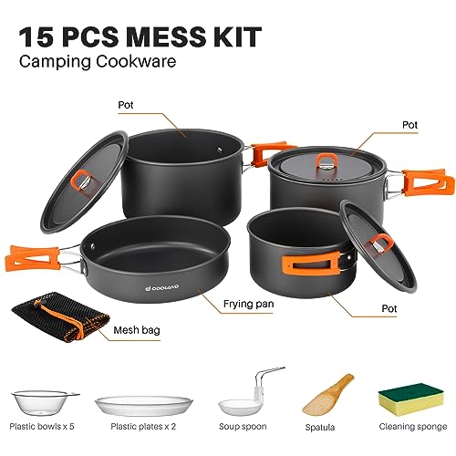 Odoland 15pcs Camping Cookware Non-Stick Lightweight Camping Pots and Pans Set with Kettle Plastic Plates Bowls Soup Spoon for Camping, Backpacking, Outdoor Cooking and Picnic - style: 15pcs W/ Pot