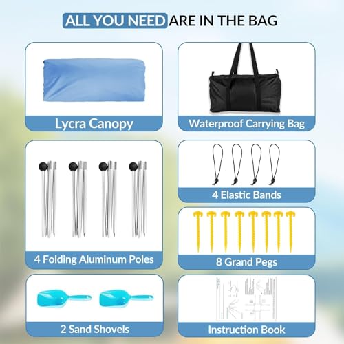 Gardentime Beach Tent Canopy with 8 Sandbags 4 Aluminum Poles, Pop Up Portable Camping Sun Shelter, Easy Set Up with 2 Sand Shovel, Ground Pegs, Carrying Bag for Outdoor Beach,Picnic, Fishing - color: Blue
