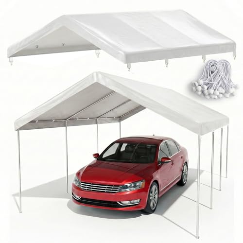 10x20 FT Carport Canopy Replacement Cover, Heavy Duty Car Garage Top Tent Shelter Tarp, Waterproof & UV Protected, Easy Installation with Ball Bungees, White (Frame Not Included) - color: White, size: 10'x20'