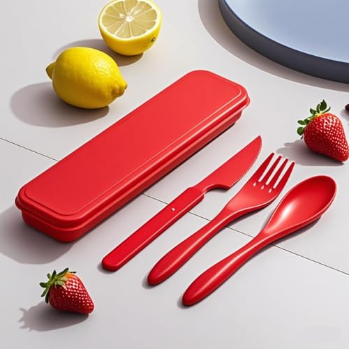 Travel Picnic Camping Utensils Set - Reusable 5 Sets Wheat Straw Plastic Cutlery with Case, Portable Forks Spoons and Knives Cutlery, Eco-Friendly BPA Free for Daily Use (5 Red) - color: 5 Red
