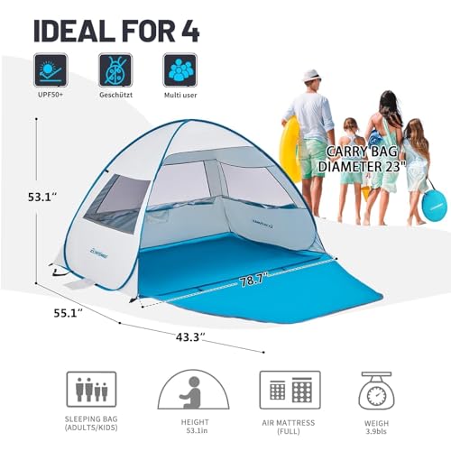 EchoSmile Pop Up Tent for 4 Person Family, Beach Tent Sun Shelter with UPF 50+ UV Protection & Waterproof, Lightweight & Easy Automatic Setup Portable Cabana for Outdoor Travel (Light Blue) - color: Light Blue