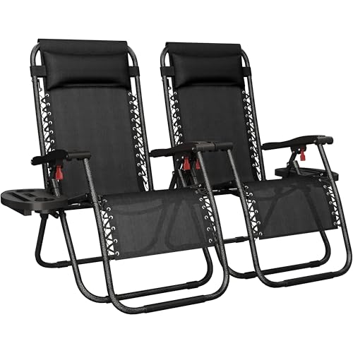 Yaheetech 26" Zero Gravity Recliners Outdoor Adjustable Folding Reclining Lounge Chairs w/Pillows, Cup Holder Trays and Carry Strap for Patio Backyard Beach New Black Set of 2 - color: Newblack