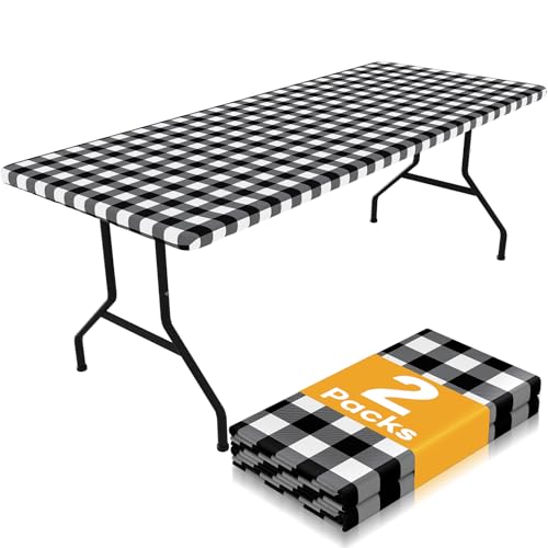 Smiry Picnic Table Cloth 2 Pack, Waterproof Elastic Fitted Tablecloths for 5FT Rectangle Tables, Washable Polyester Buffalo Plaid Tablecloth for Camping, Dining & Outdoor (Black & White, 30" x 60") - color: Black and White, size: 30" x 60"