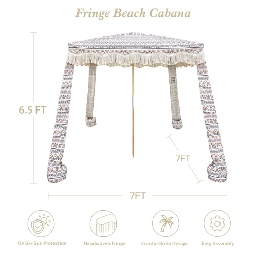 AMMSUN Beach Cabana with Fringe, 7' x 7' Boho Beach Canopy with Tassels, Easy Set up & Premium Wood Pole, Cabana Tent with Sand Pockets, Instant Sun Shade for Sand, Garden, Patio, Tan - color: Tan